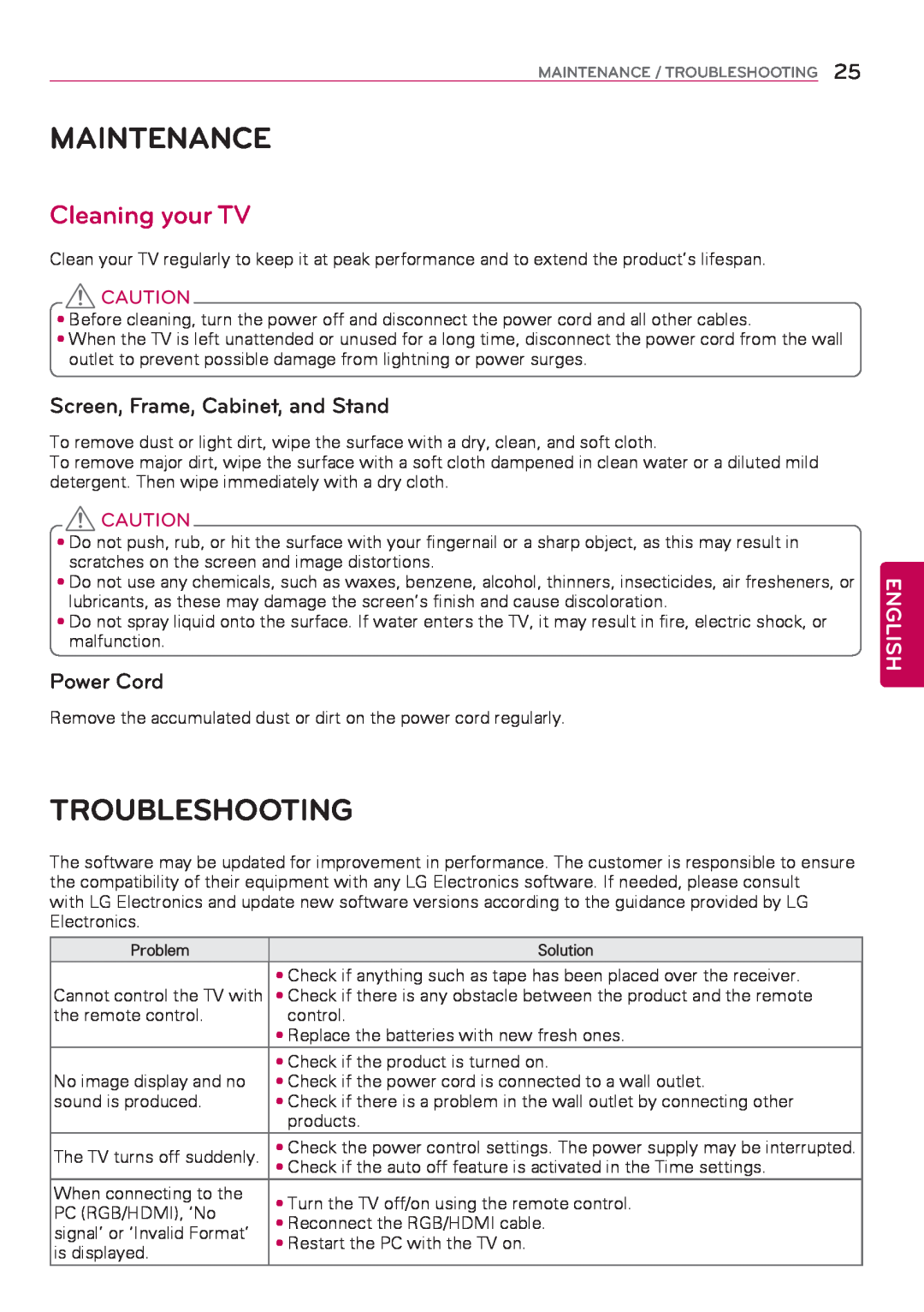 LG Electronics 32LY760H Maintenance, Troubleshooting, Cleaning your TV, Screen, Frame, Cabinet, and Stand, Power Cord 