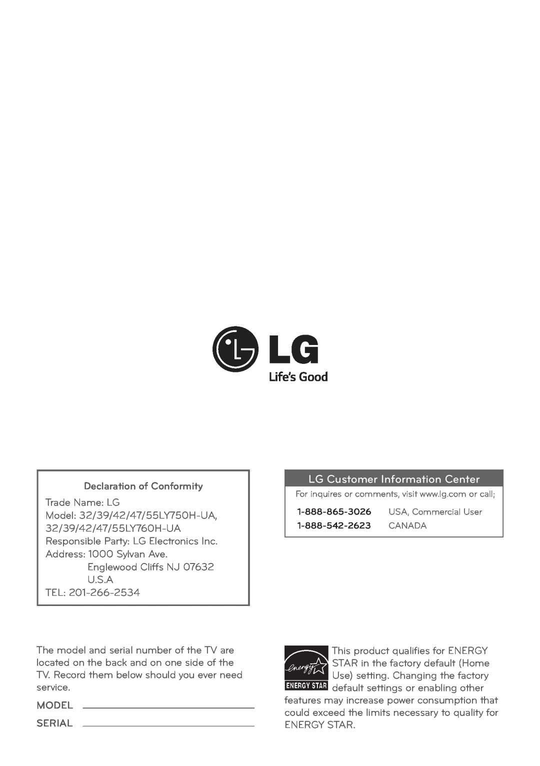 LG Electronics 39LY750H, 32LY750H, 55LY750H, 42LY750H, 47LY750H, 32LY760H, 39LY760H, 42LY760H LG Customer Information Center 
