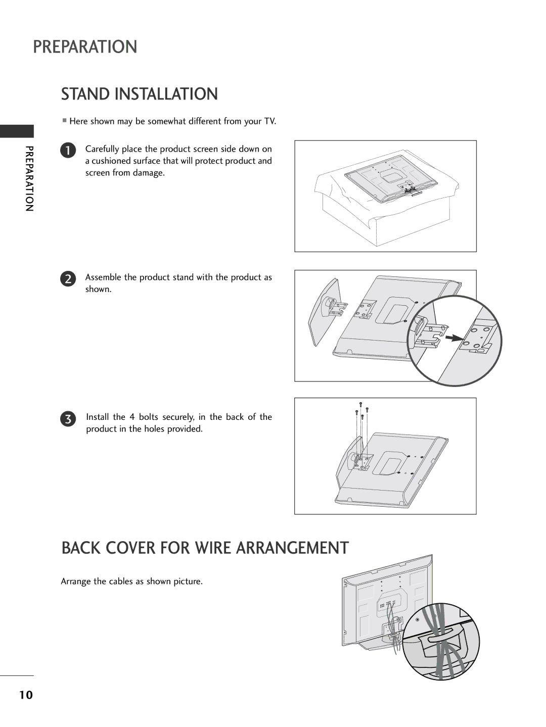 LG Electronics 32PC5DVC owner manual Stand Installation, Back Cover for Wire Arrangement, Product in the holes provided 