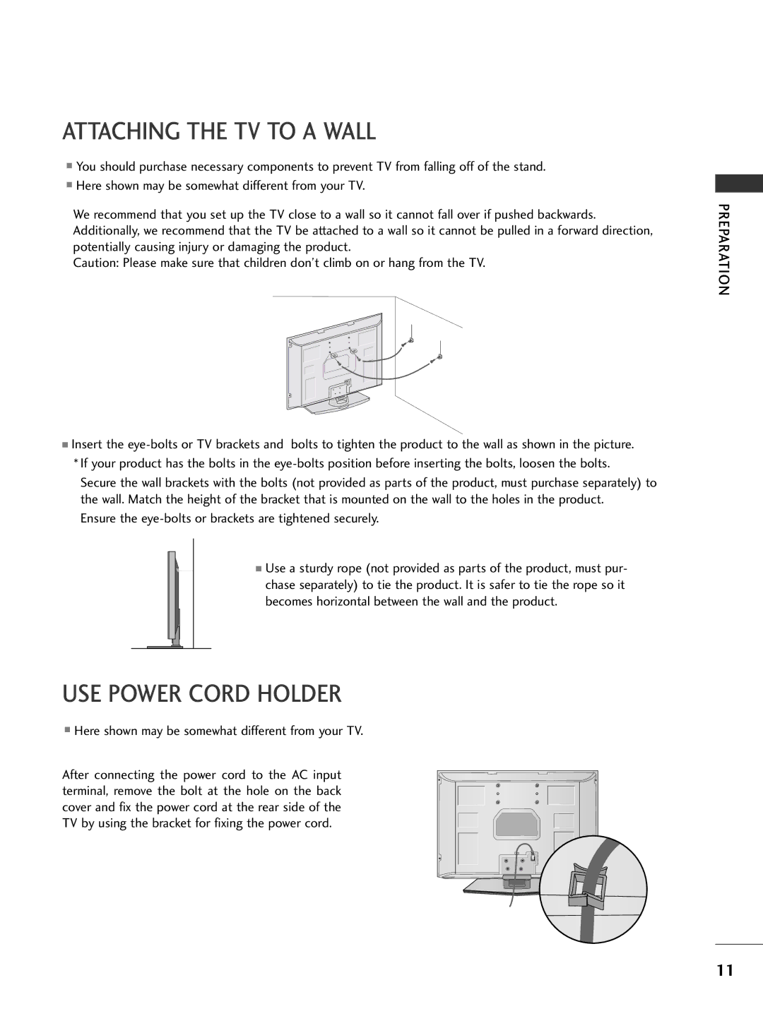 LG Electronics 32PC5DVC owner manual Attaching the TV to a Wall, USE Power Cord Holder 