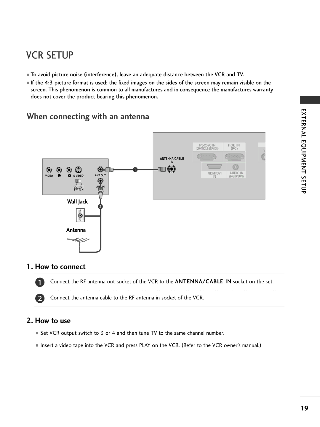 LG Electronics 32PC5DVC owner manual VCR Setup, External, Equipment Setup 