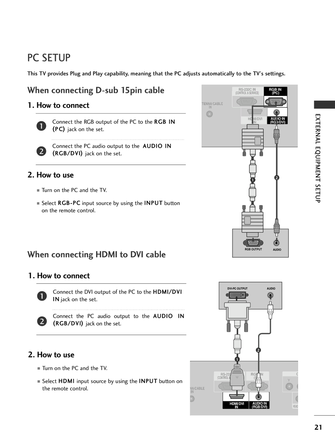 LG Electronics 32PC5DVC owner manual PC Setup, RGB/DVI jack on the set 