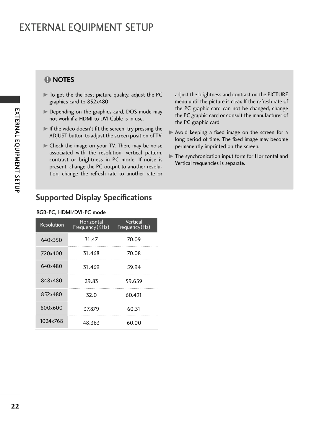 LG Electronics 32PC5DVC owner manual Supported Display Specifications, RGB-PC, HDMI/DVI-PC mode 