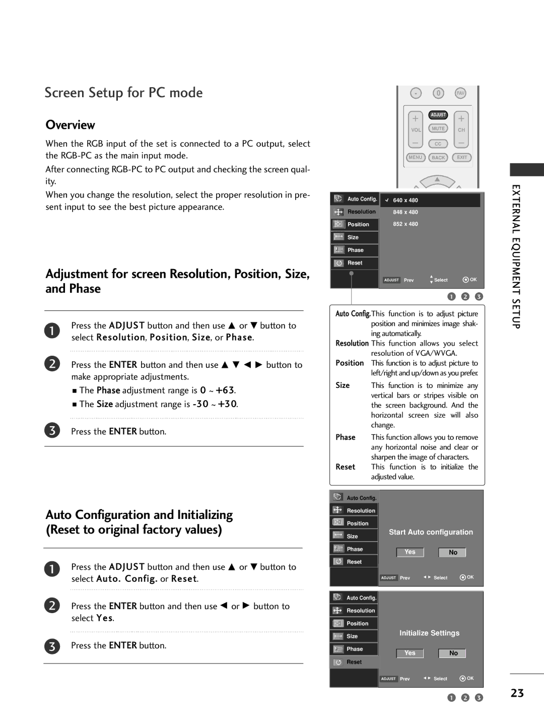 LG Electronics 32PC5DVC owner manual Overview, Adjustment for screen Resolution, Position, Size, and Phase 