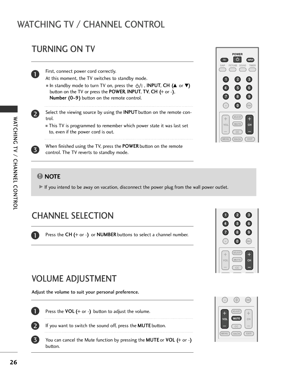 LG Electronics 32PC5DVC owner manual Watching TV / Channel Control, Turning on TV, Channel Selection, Volume Adjustment 