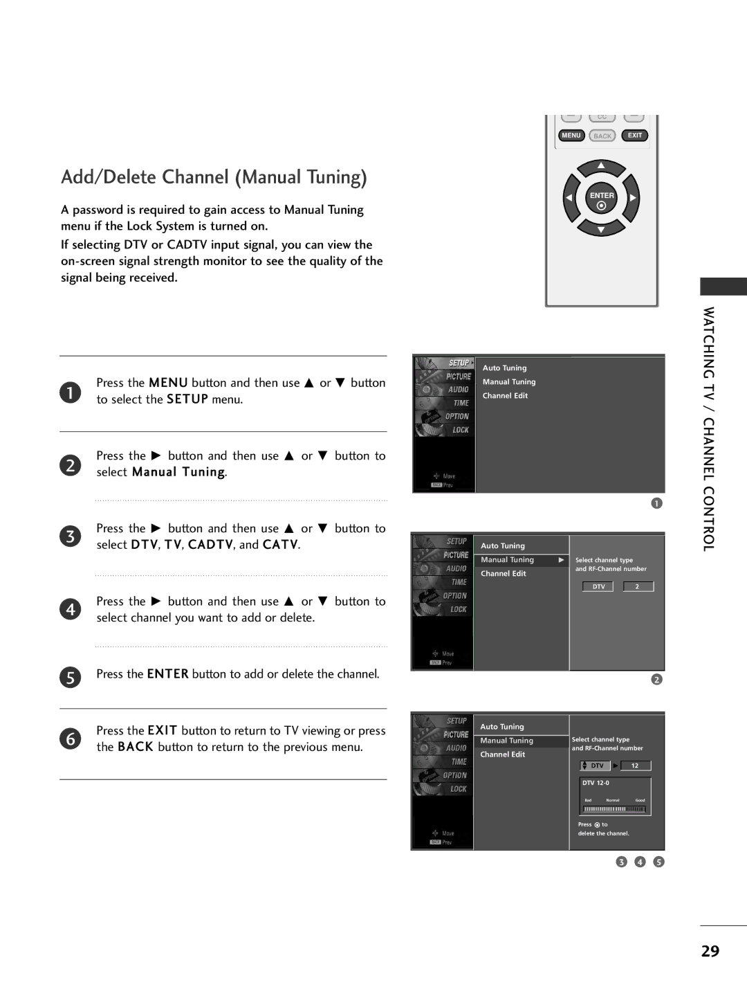 LG Electronics 32PC5DVC owner manual Select Manual Tuning, Back button to return to the previous menu 