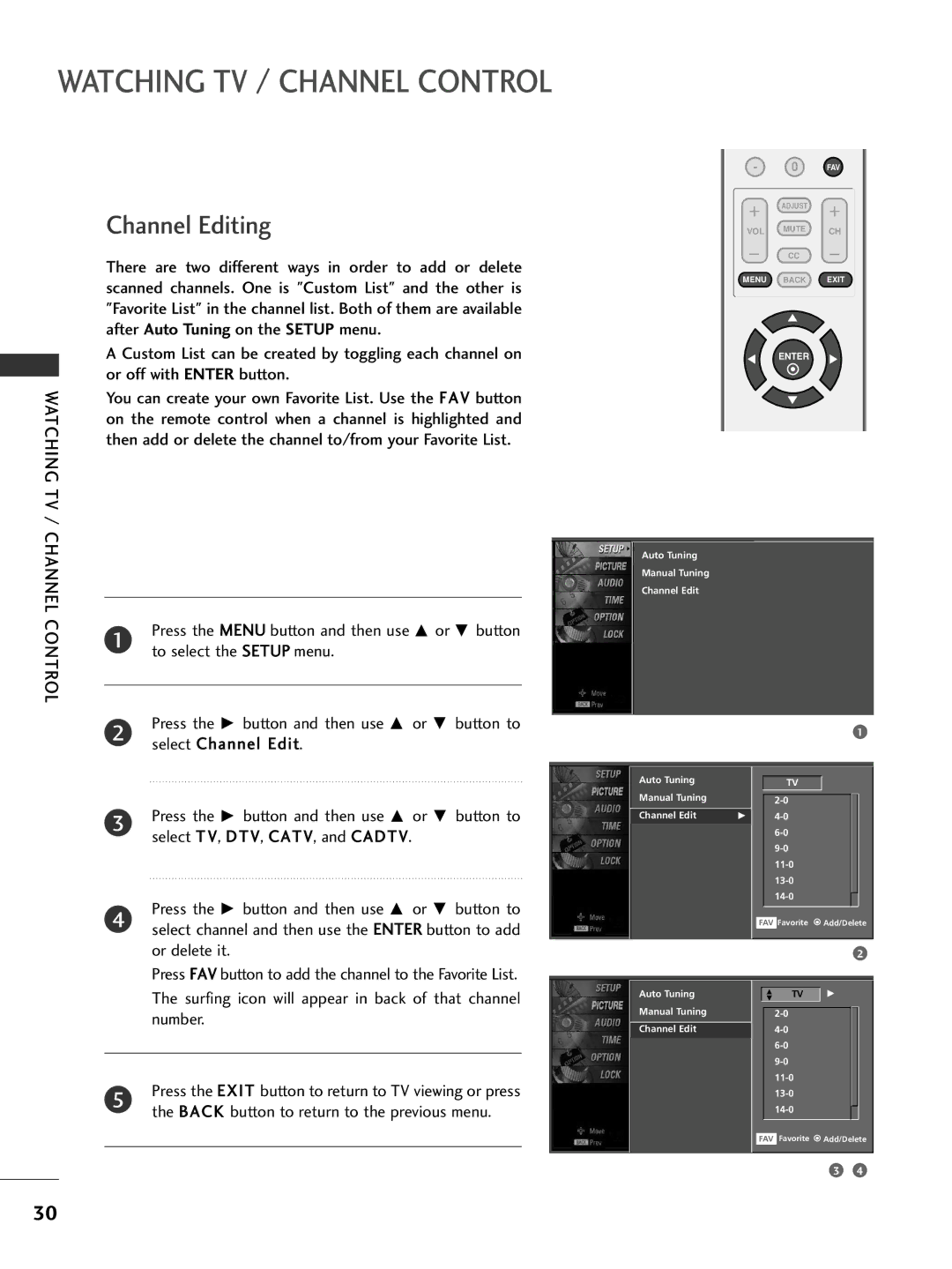 LG Electronics 32PC5DVC There are two different ways in order to add or delete, After Auto Tuning on the Setup menu 