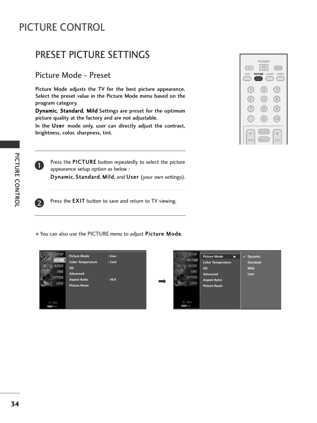 LG Electronics 32PC5DVC owner manual Picture Control, Preset Picture Settings, Appearance setup option as below 