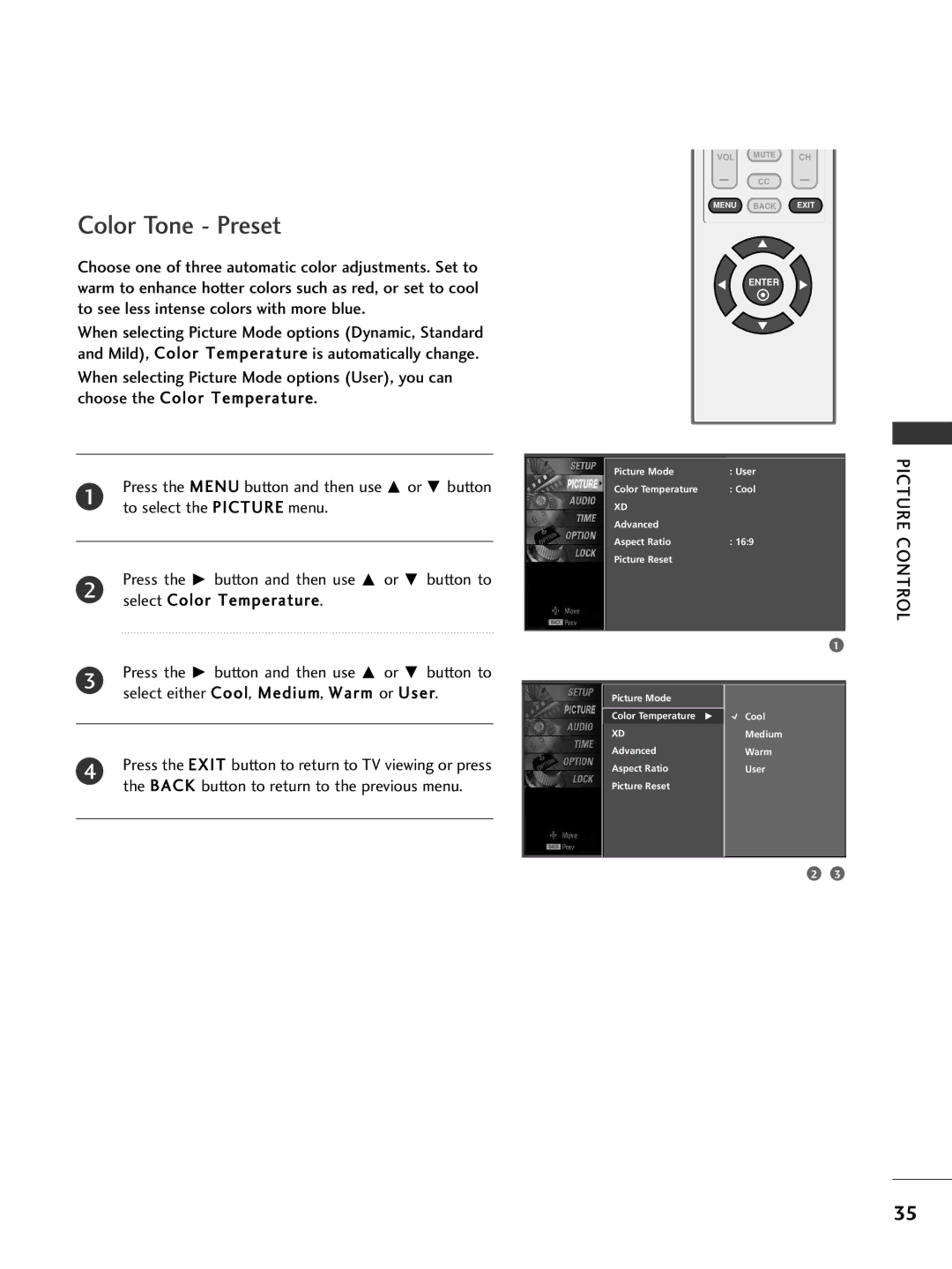 LG Electronics 32PC5DVC owner manual Color Tone Preset, Select Color Temperature 