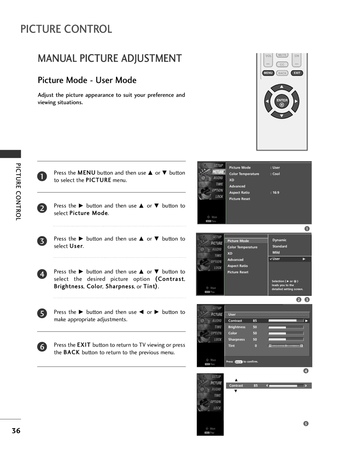 LG Electronics 32PC5DVC owner manual Picture Mode User Mode, Select Picture Mode 