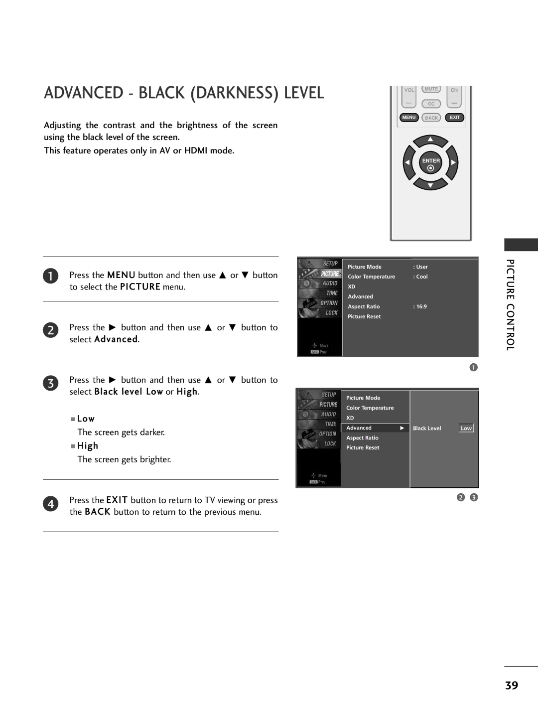 LG Electronics 32PC5DVC owner manual Advanced Black Darkness Level 