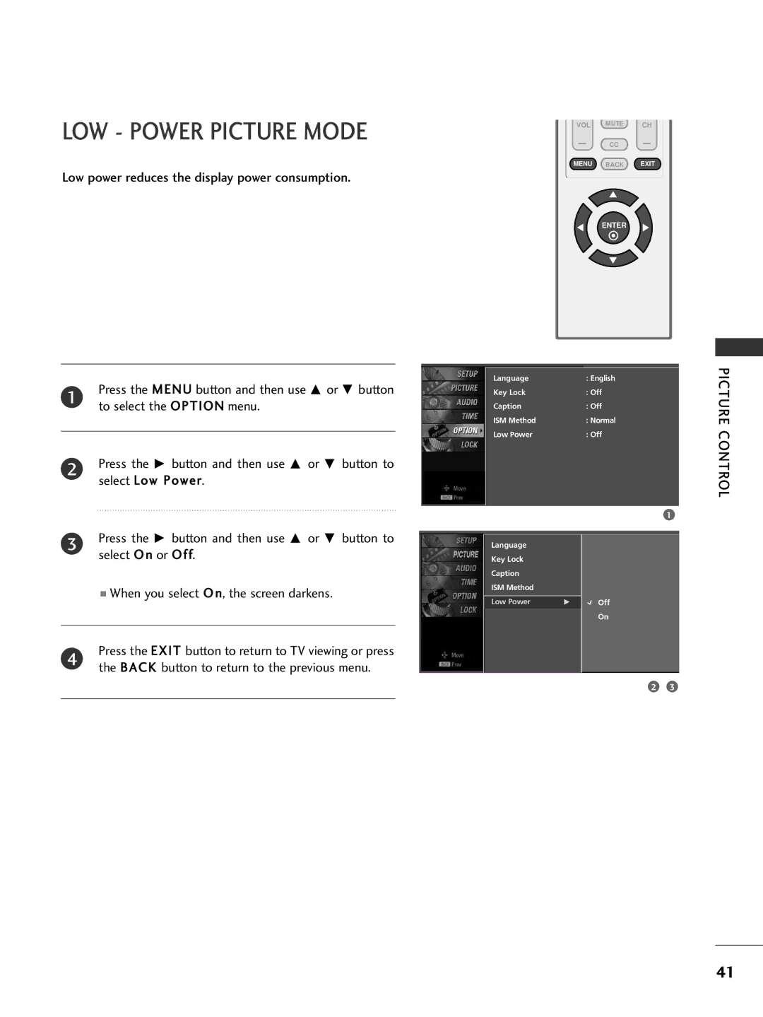 LG Electronics 32PC5DVC LOW Power Picture Mode, Low power reduces the display power consumption, To select the Option menu 