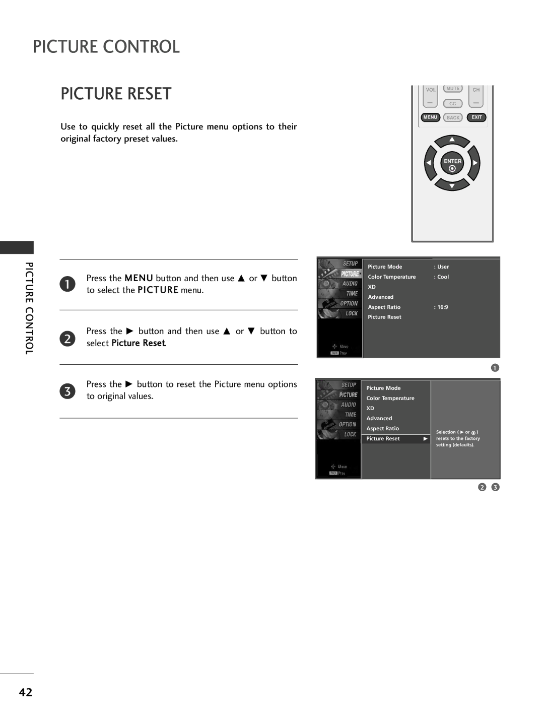 LG Electronics 32PC5DVC owner manual Select Picture Reset, To original values 