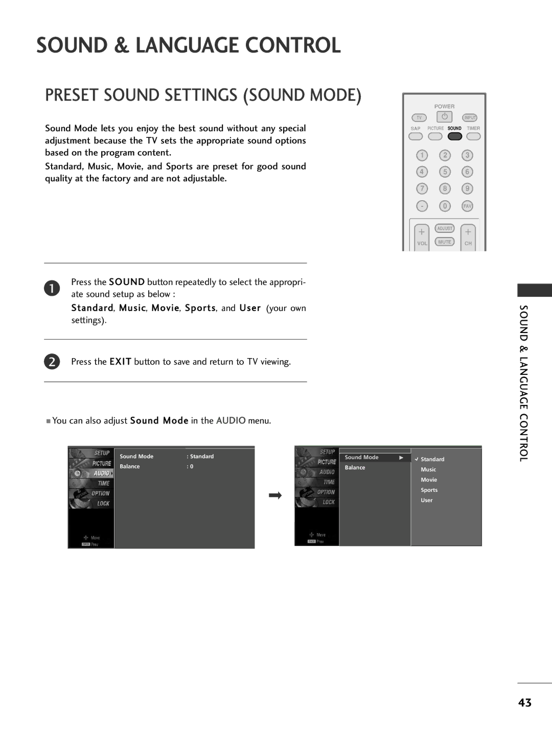 LG Electronics 32PC5DVC owner manual Sound & Language Control, You can also adjust Sound Mode in the Audio menu 