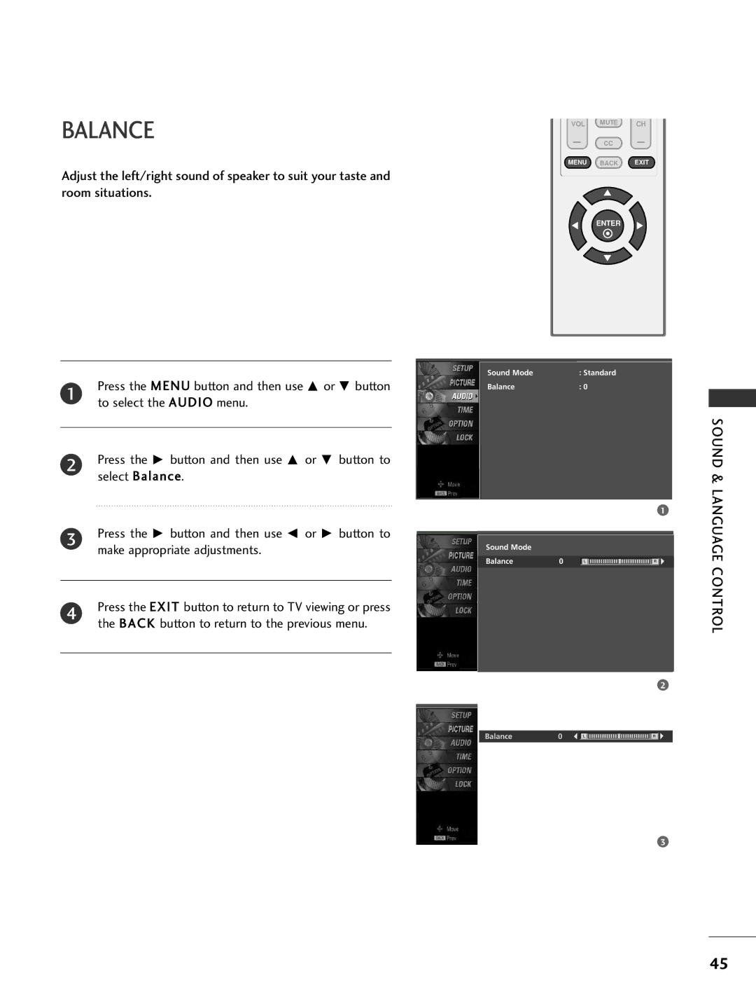 LG Electronics 32PC5DVC owner manual Balance, Sound & Language Control 