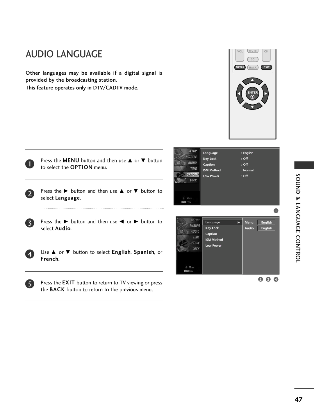 LG Electronics 32PC5DVC owner manual Audio Language, To select the Option menu 