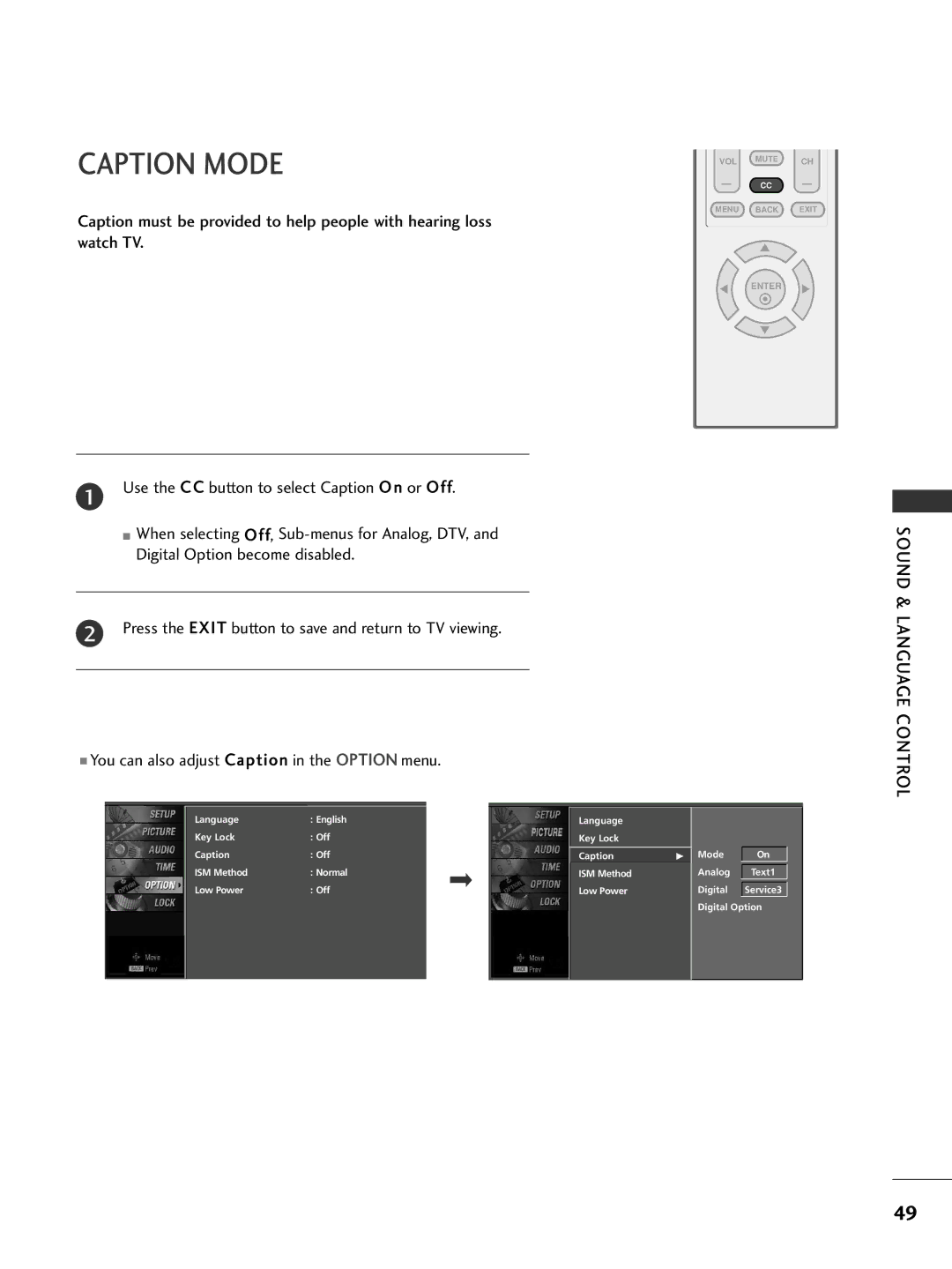 LG Electronics 32PC5DVC owner manual Caption Mode, Language Control 