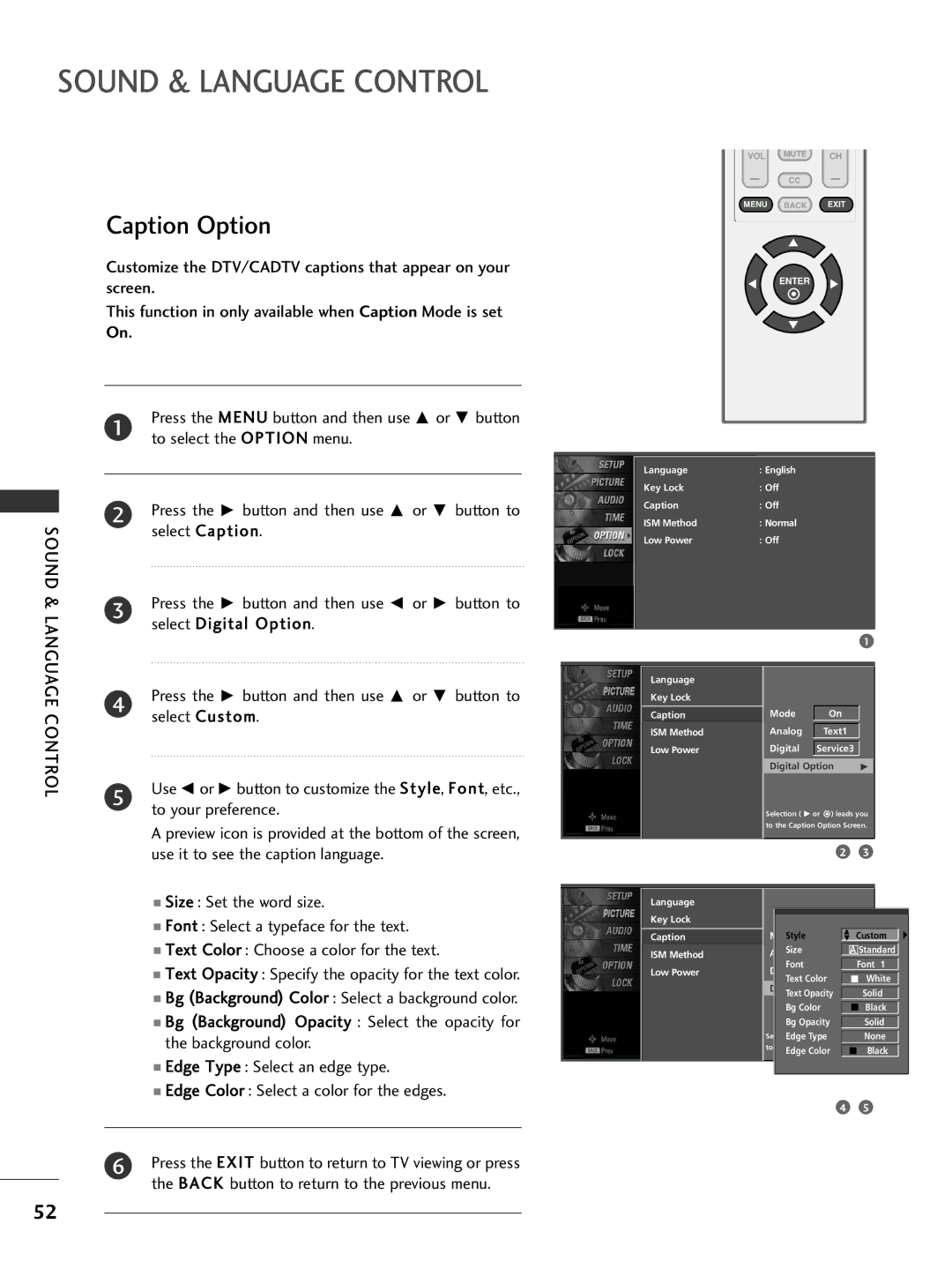 LG Electronics 32PC5DVC owner manual Caption Option, Select Custom 