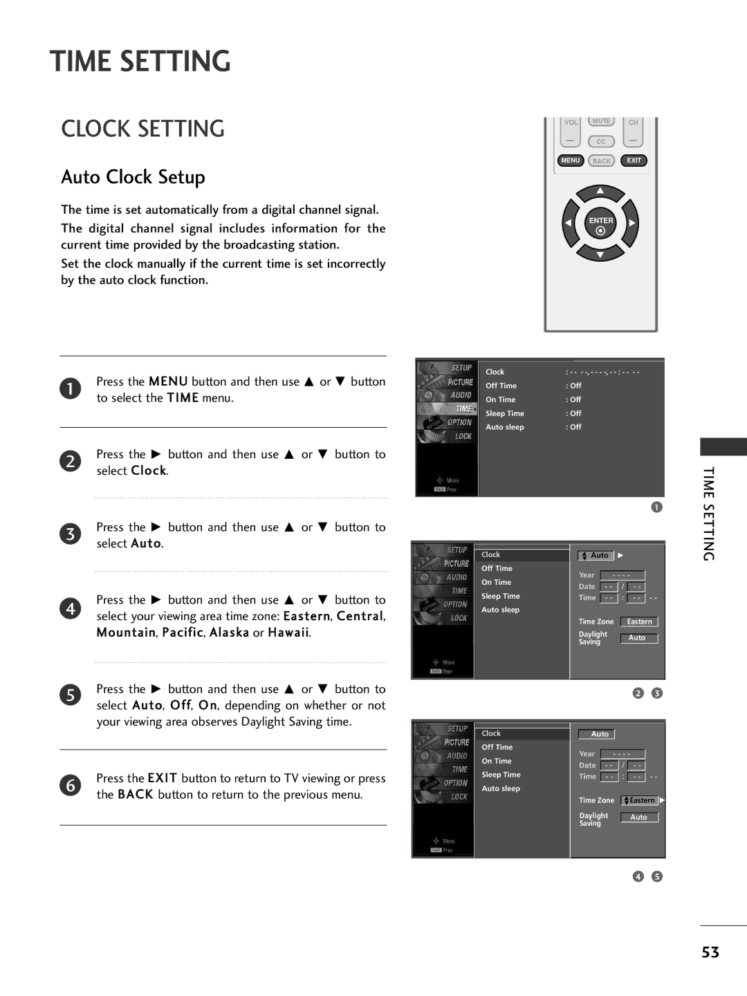 LG Electronics 32PC5DVC owner manual Time Setting, Clock Setting, Auto Clock Setup, Mountain, Pacific, Alaska or Hawaii 