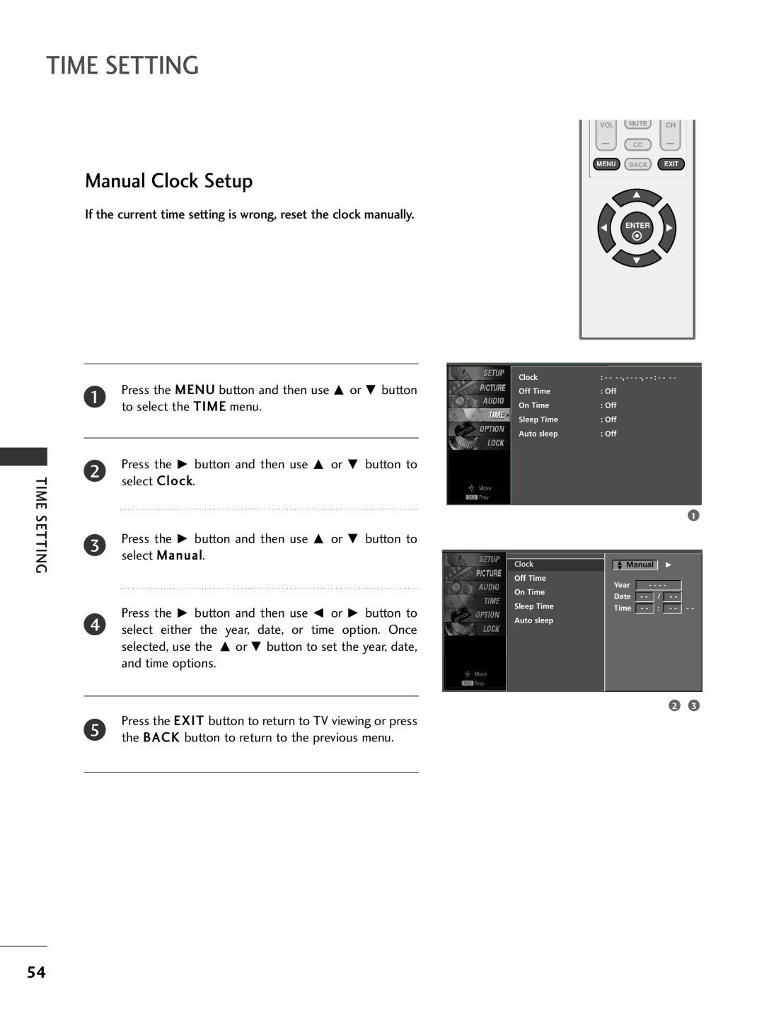 LG Electronics 32PC5DVC owner manual Time Setting, Manual Clock Setup, Select Clock 