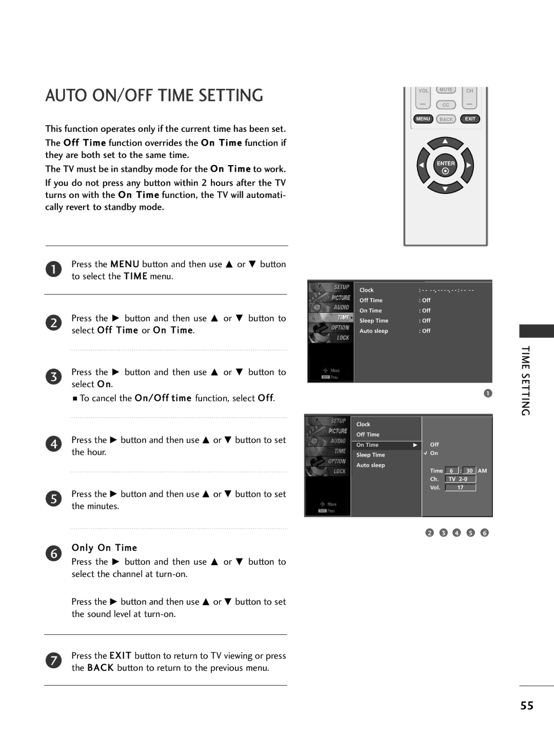 LG Electronics 32PC5DVC owner manual Auto ON/OFF Time Setting 