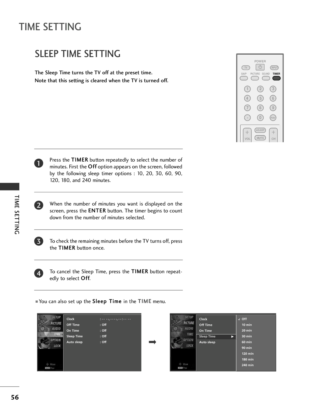 LG Electronics 32PC5DVC owner manual Sleep Time Setting 