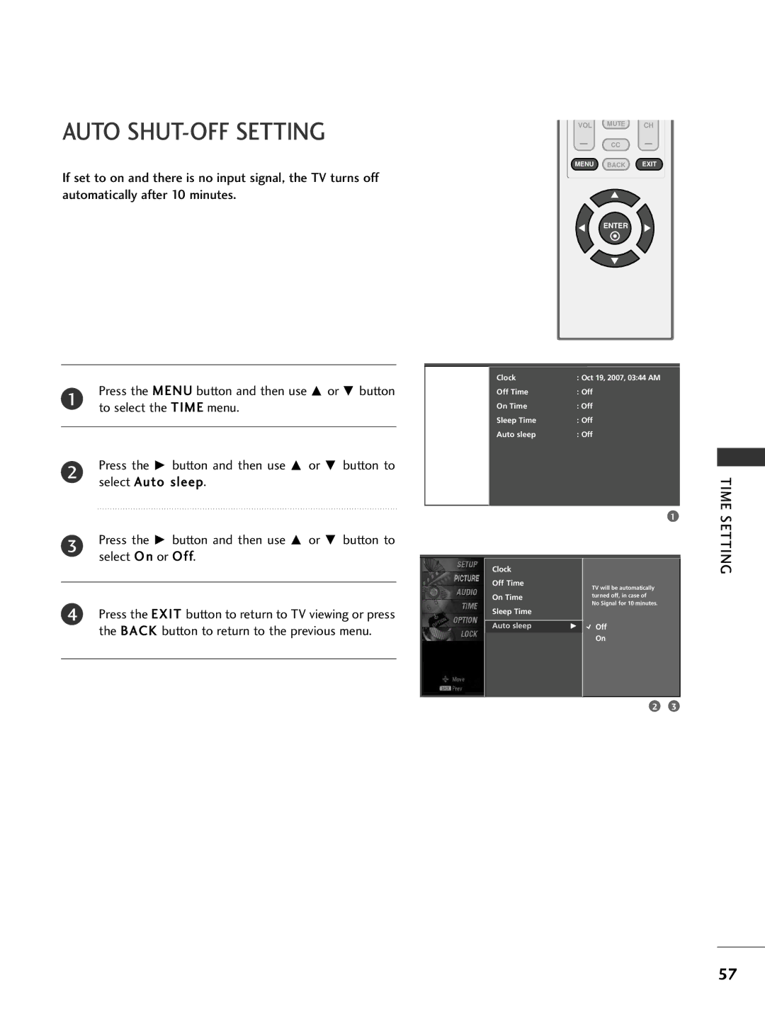 LG Electronics 32PC5DVC owner manual Auto SHUT-OFF Setting, To select the Time menu 