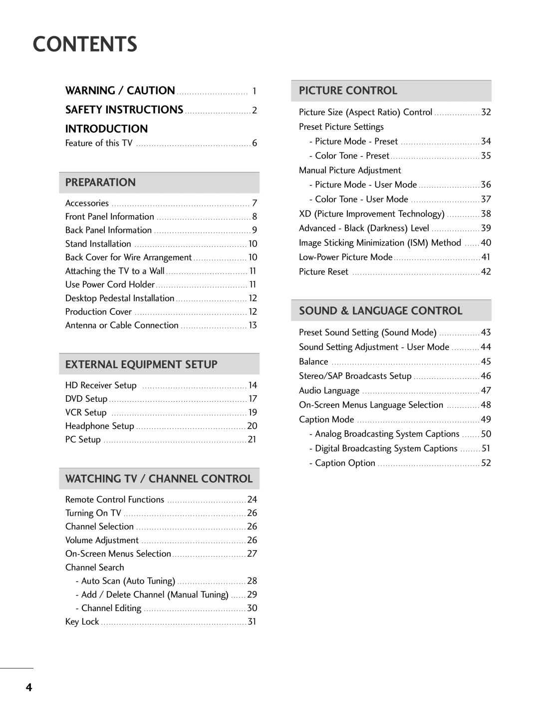 LG Electronics 32PC5DVC owner manual Contents 