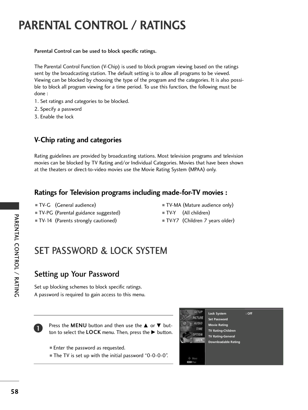 LG Electronics 32PC5DVC owner manual Parental Control / Ratings, Setting up Your Password, Chip rating and categories 