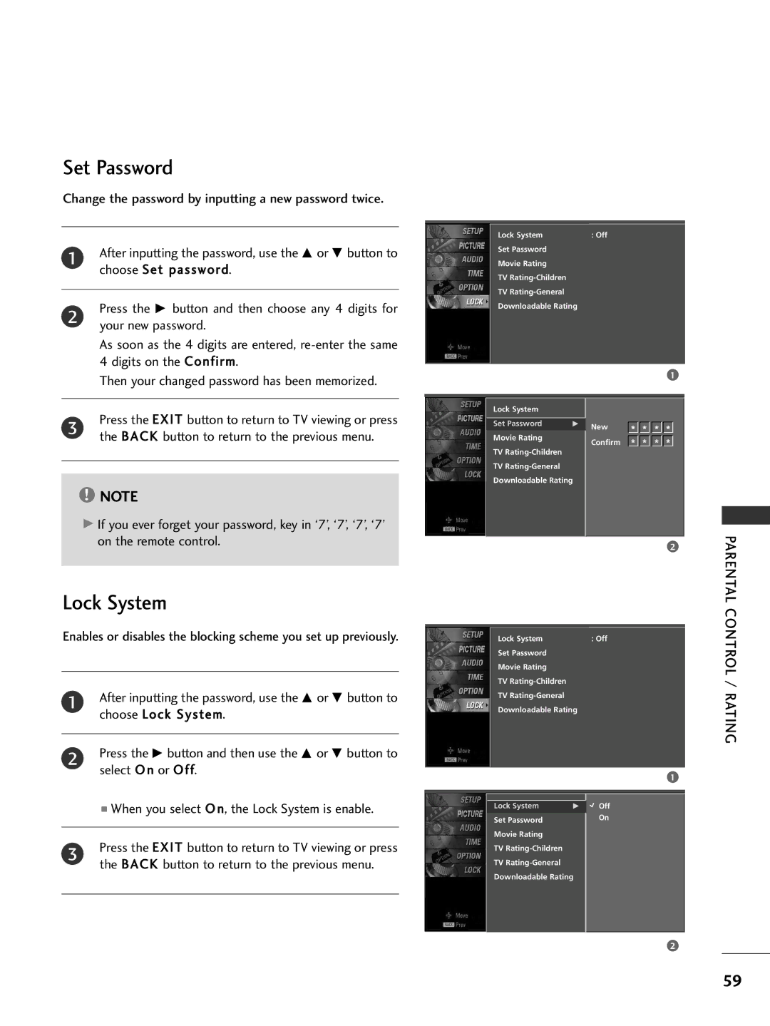 LG Electronics 32PC5DVC owner manual Set Password, Lock System, Your new password, Parental Control / Rating 