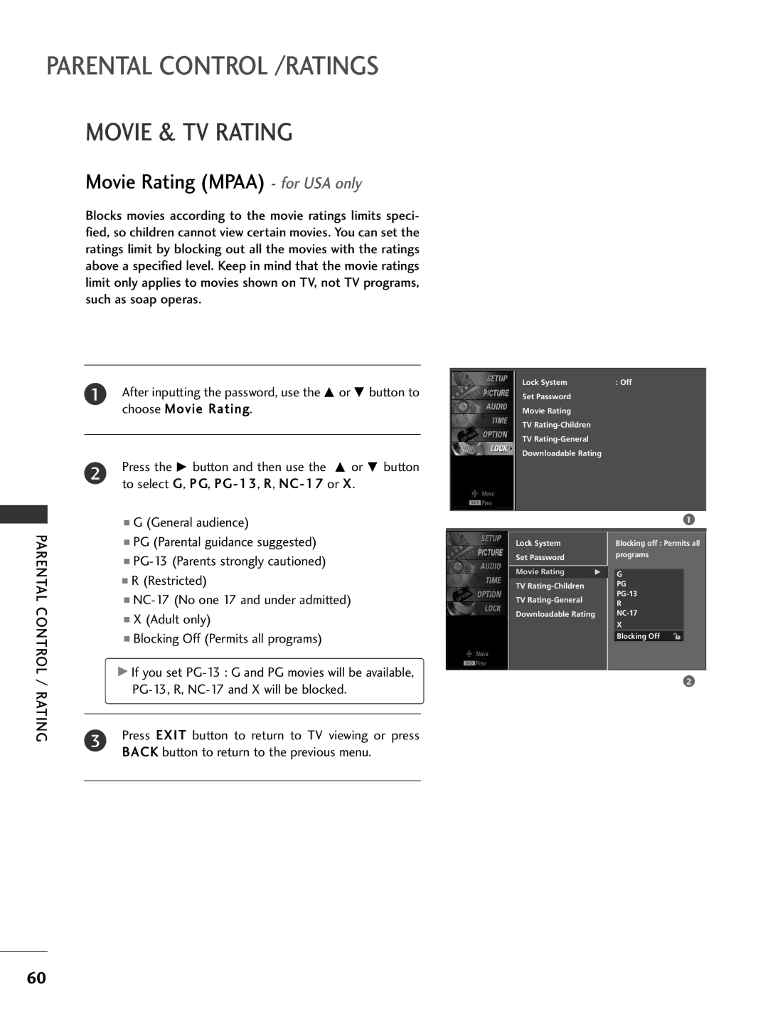 LG Electronics 32PC5DVC owner manual Parental Control /RATINGS, Movie & TV Rating, Movie Rating Mpaa for USA only 