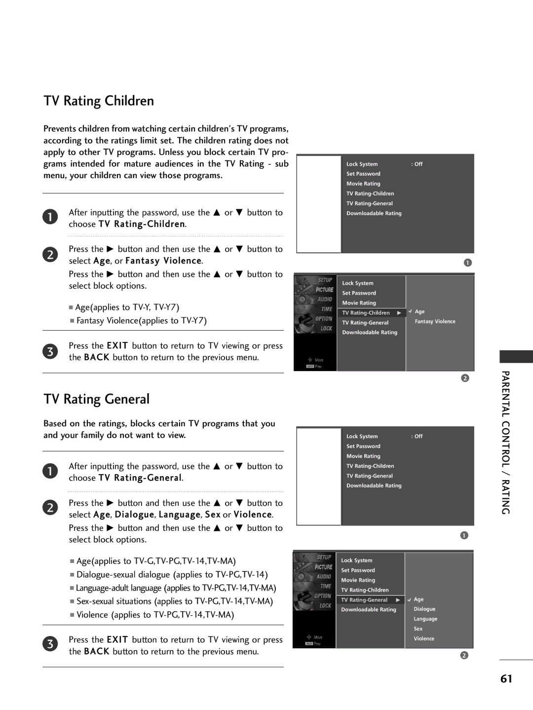 LG Electronics 32PC5DVC owner manual TV Rating Children, TV Rating General 