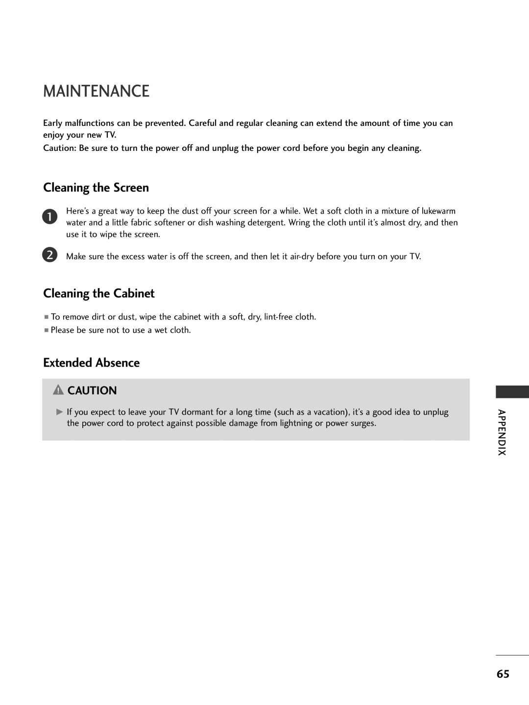 LG Electronics 32PC5DVC owner manual Maintenance, Cleaning the Screen, Cleaning the Cabinet, Extended Absence 