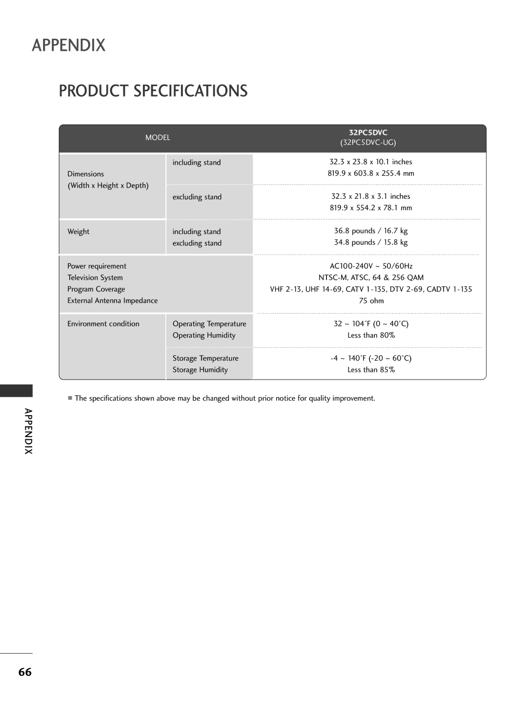 LG Electronics owner manual Product Specifications, 32PC5DVC-UG 