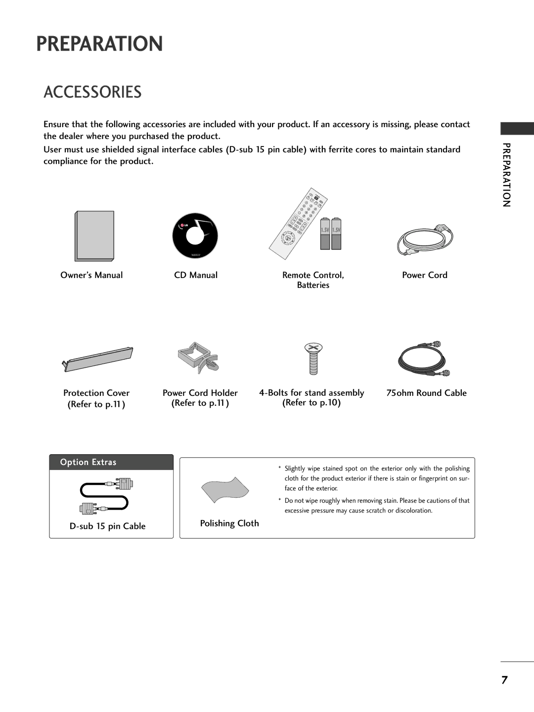 LG Electronics 32PC5DVC owner manual Preparation, Accessories, CD Manual, Sub 15 pin Cable 