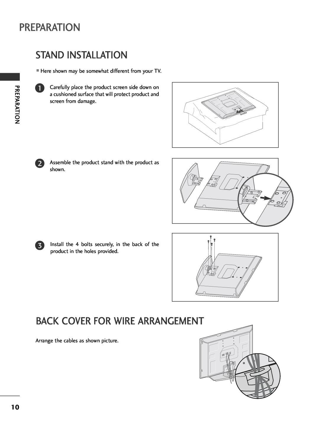 LG Electronics 32PC5DVC owner manual Stand Installation, Back Cover For Wire Arrangement, Preparation 
