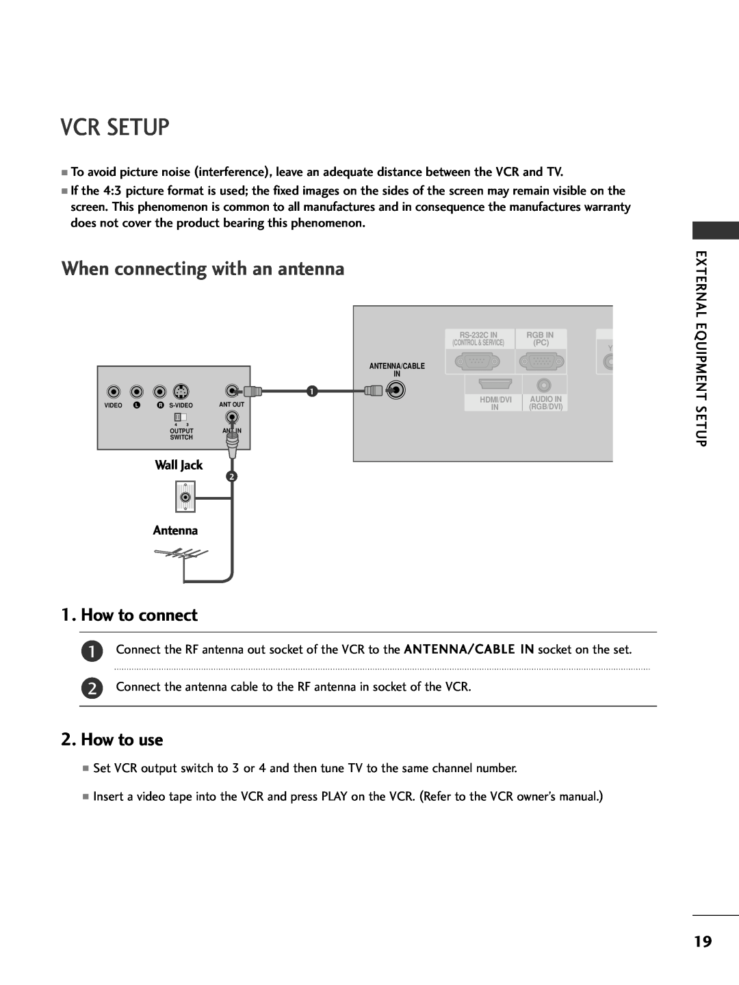 LG Electronics 32PC5DVC Vcr Setup, When connecting with an antenna, How to connect, How to use, Wall Jack, Antenna 