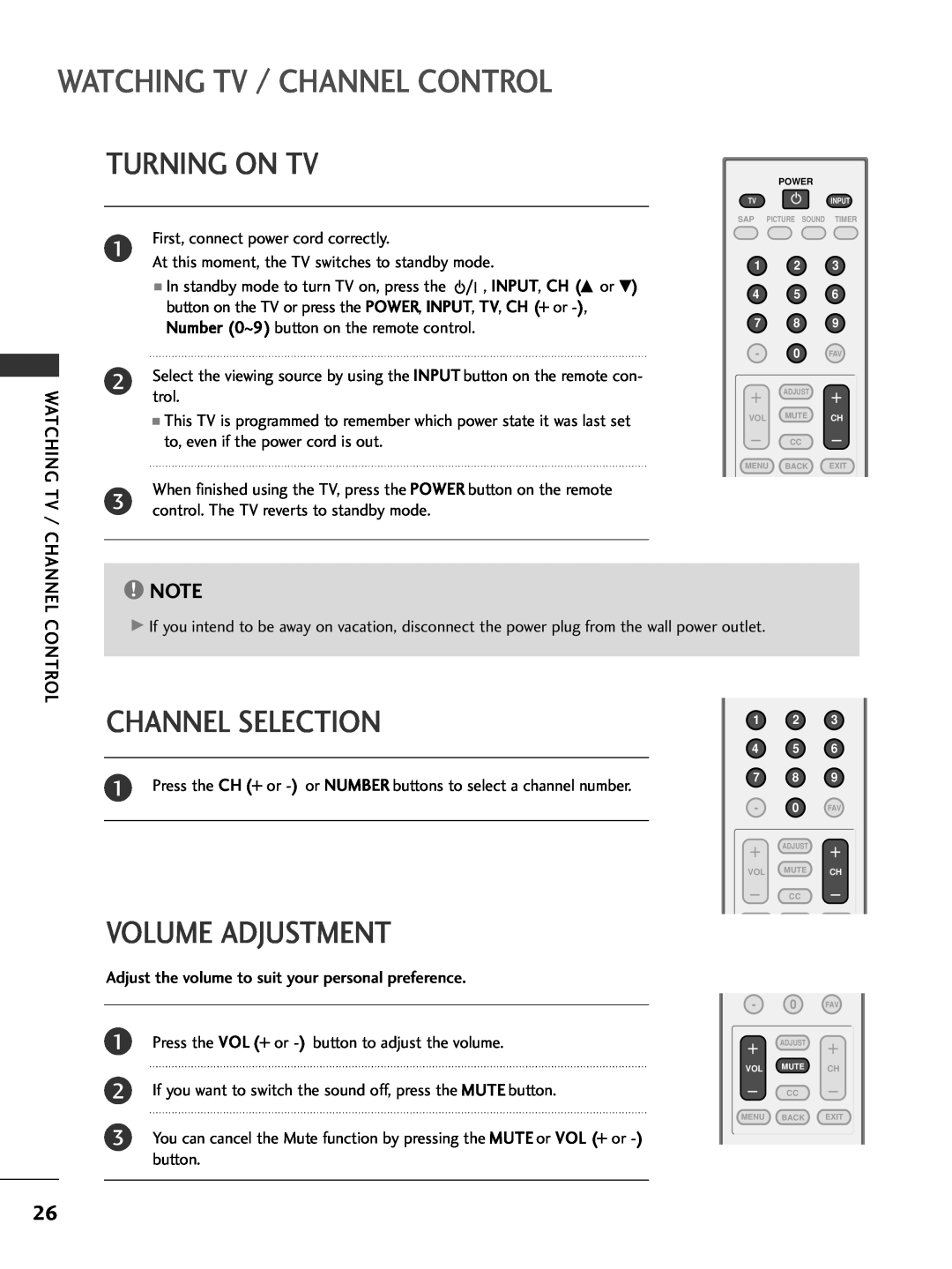 LG Electronics 32PC5DVC owner manual Watching Tv / Channel Control, Turning On Tv, Channel Selection, Volume Adjustment 