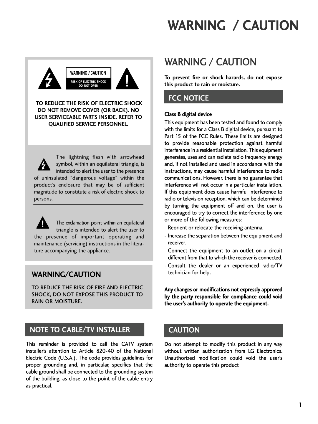 LG Electronics 32PC5DVC Warning / Caution, Warning/Caution, Class B digital device, Fcc Notice, Note To Cable/Tv Installer 