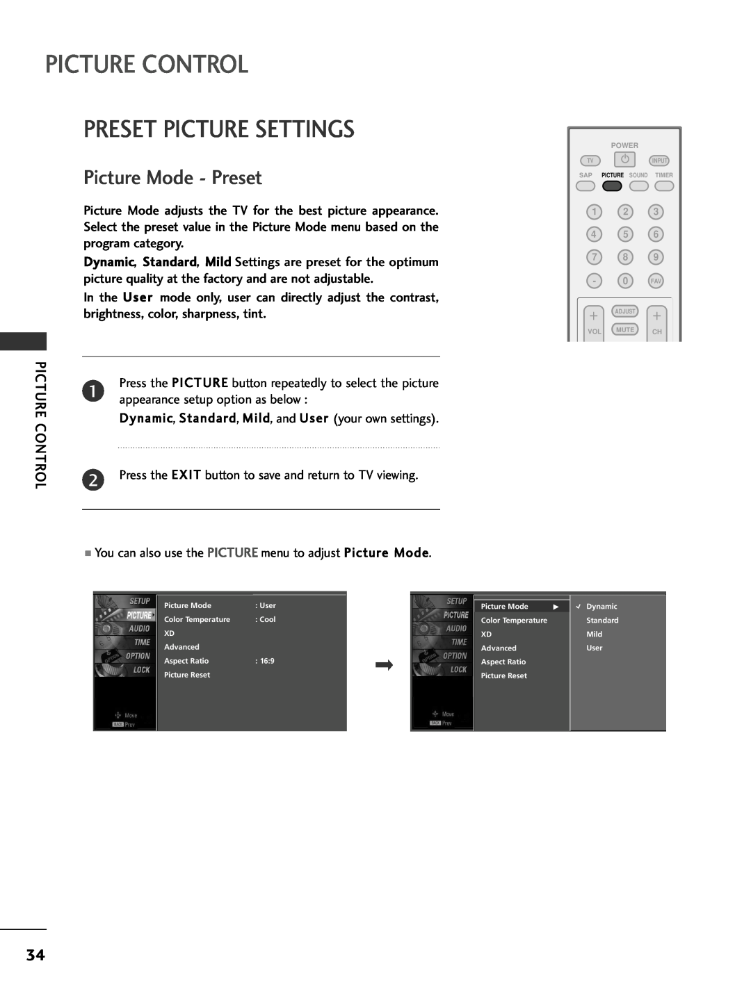 LG Electronics 32PC5DVC owner manual Picture Control, Preset Picture Settings, Picture Mode - Preset 