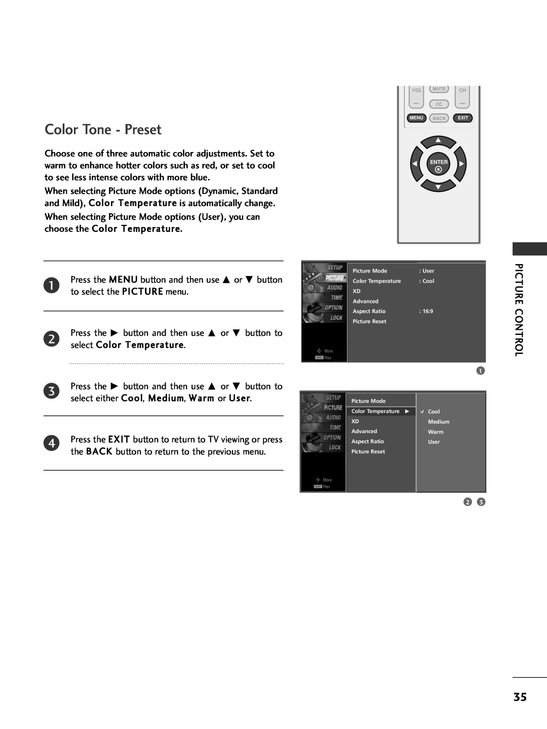 LG Electronics 32PC5DVC owner manual Color Tone - Preset, Vol Mute Ch Cc 
