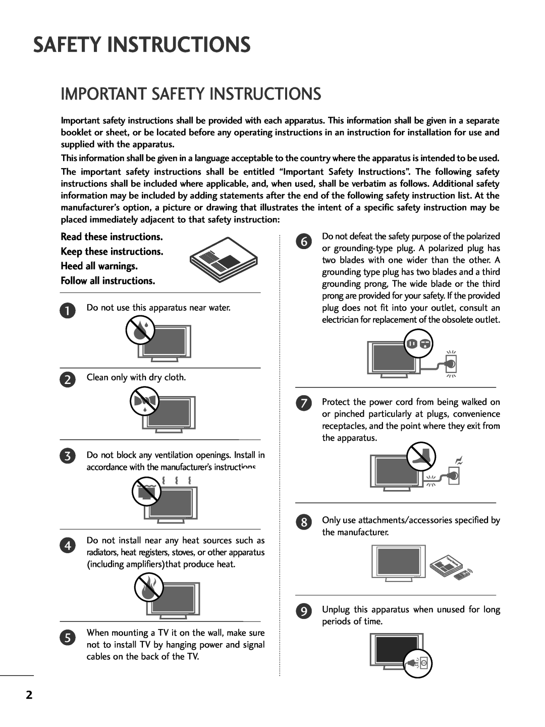 LG Electronics 32PC5DVC owner manual Important Safety Instructions, Follow all instructions 