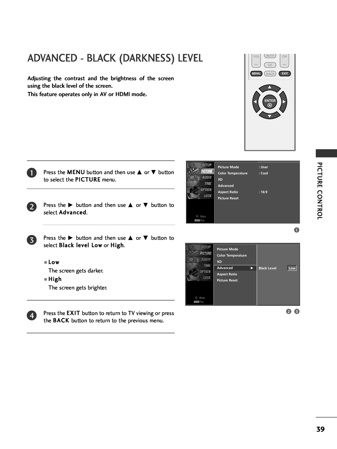 LG Electronics 32PC5DVC owner manual Advanced - Black Darkness Level 