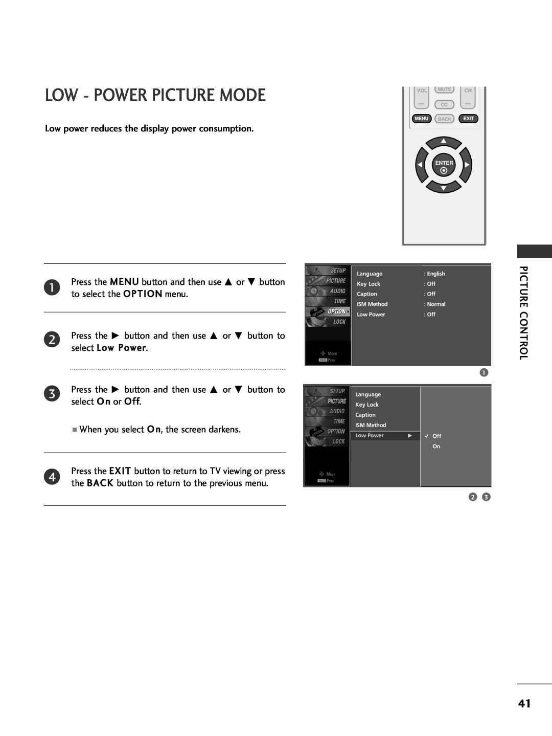 LG Electronics 32PC5DVC owner manual Low - Power Picture Mode, Low Power 