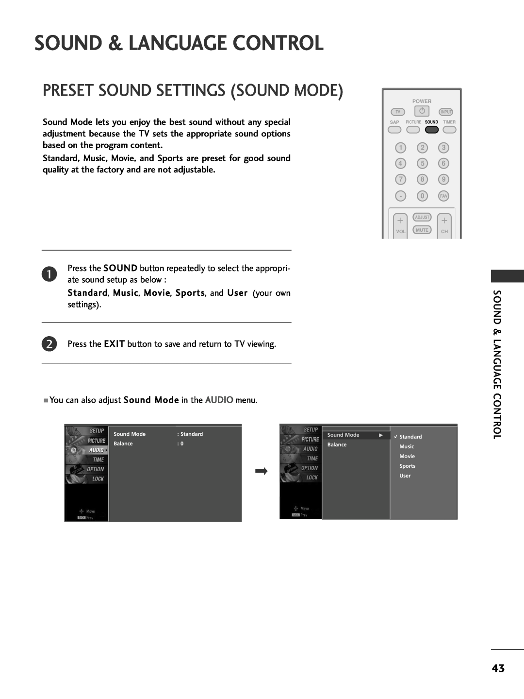 LG Electronics 32PC5DVC owner manual Sound & Language Control, Preset Sound Settings Sound Mode 