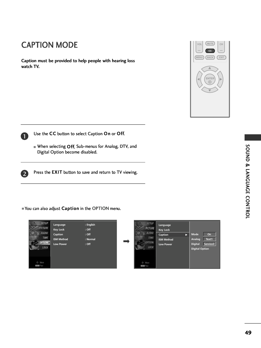 LG Electronics 32PC5DVC owner manual Caption Mode, Enter 