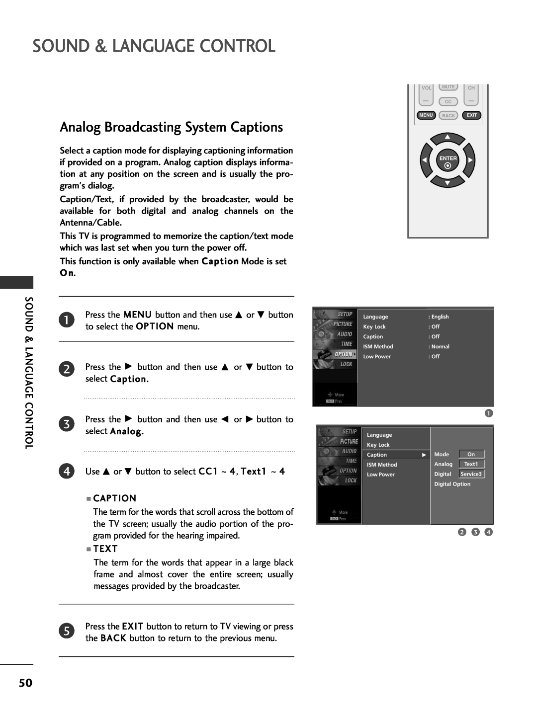 LG Electronics 32PC5DVC owner manual Sound & Language Control, Analog Broadcasting System Captions 
