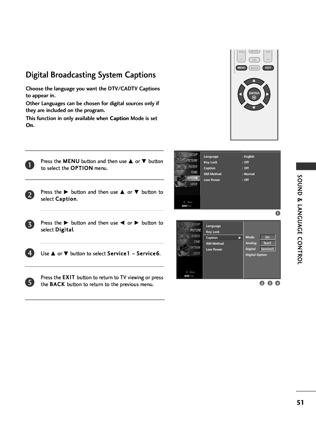 LG Electronics 32PC5DVC owner manual Digital Broadcasting System Captions, Language 