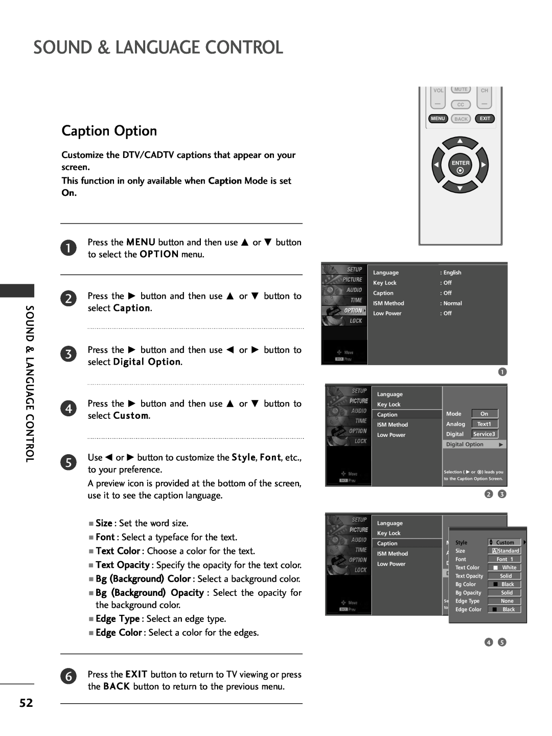 LG Electronics 32PC5DVC owner manual Caption Option, Sound & Language Control, Digital Option 