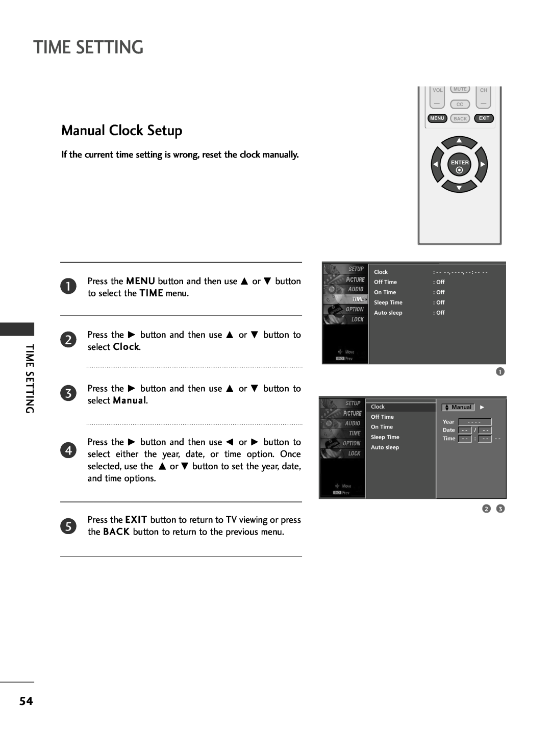 LG Electronics 32PC5DVC owner manual Time Setting, Manual Clock Setup 